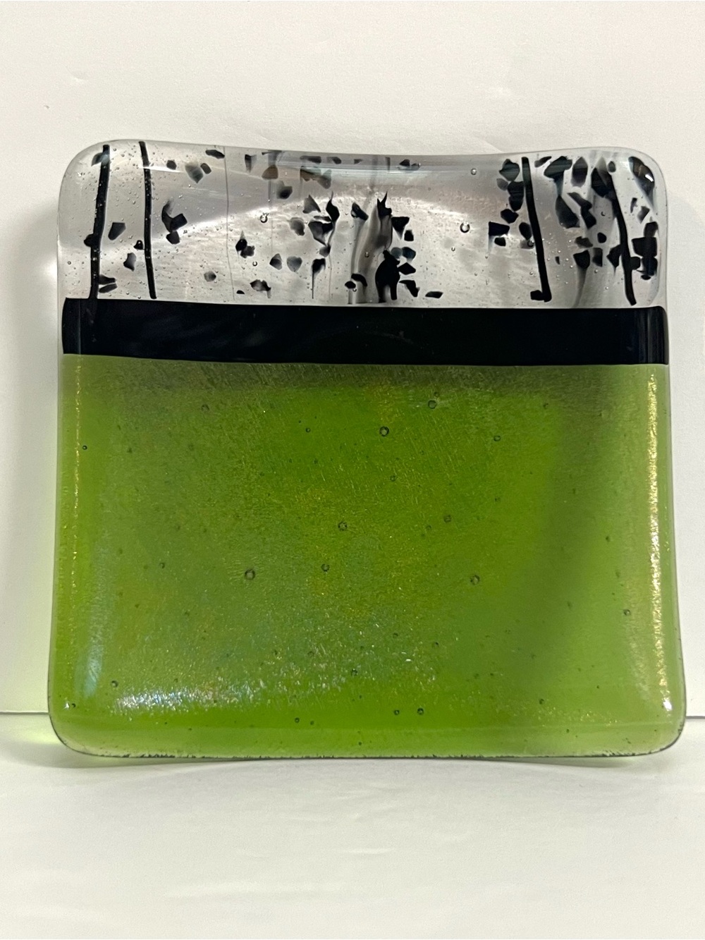 Fused Glass Signed Sue Sun Green Black & Clear Square  Modern Abstract Dish